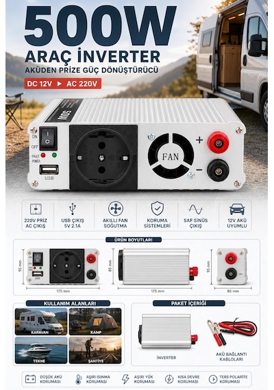 Fanlı 500w Dc Ac İnverter 12v Akü Girişi 220v Priz Usb Çıkışı Taşınabilir Dönüştürücü