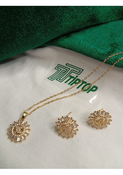 Tiptop/ Gold Renk Zirkon Taşlı Güneş Model Kolye Ve Küpe Set Gold