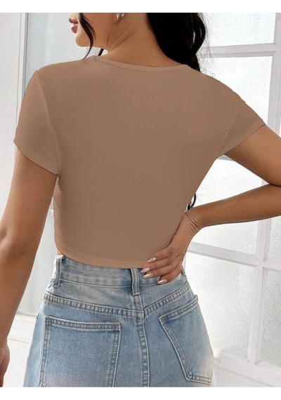 Rooted-kadın Kare & Havuz Yaka Crop T-shirt ,likralı Fitilli Kaşkorse Kumaş Bej