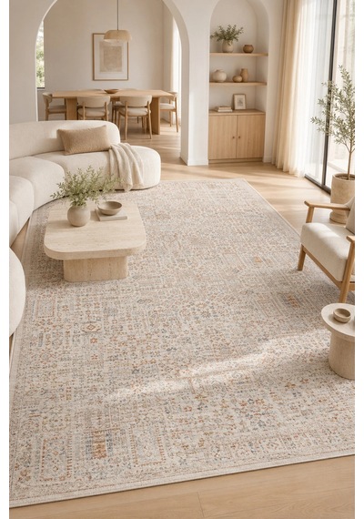 Sahra Collection Modern Vintage Desenli Eskitme Dokuma Yumuşak Salon Halısı Turuncu - Krem