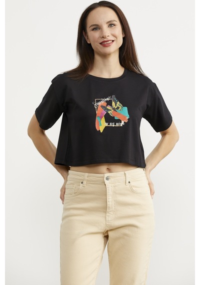 Oversize Baskılı Crop Tişört - Siyah Çok Renkli