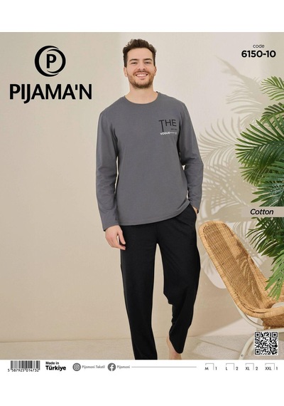 Pijamoni Erkek Pamuklu Bisiklet Yaka Uzun Kol İnce Pijama Takımı 6150/10 - 1 Adet Füme
