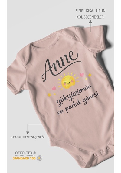Morivokids Anne, Gökyüzümün En Parlak Güneşi Kısa Kollu Bebek Body Pastel Pembe