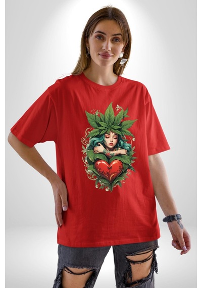 Kalp Parmak Kız Yeşillik Mutluluk Pamuklu Bisiklet Yaka Unisex Oversize Boyfriend Dijital Baskılı Kırmızı T-shirt Kırmızı