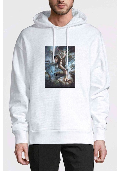 Tomb Raider Lara Croft Baskılı Beyaz Erkek Örme Kapşonlu Sweat