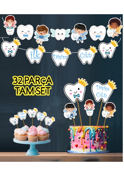 Erkek 32 Parça İlk Dişim Çıktı Diş Buğdayı Erkek Süs Seti Banner Pasta Kürdanı Cupcake Süsü Seti Mavi