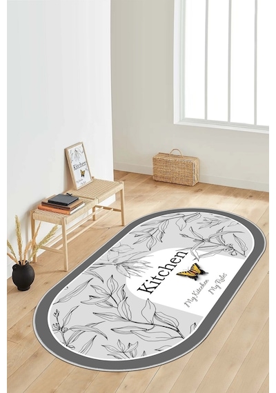 West Home Dijital Baskı Yıkanabilir Kaymaz Taban Oval Salon Halısı Mutfak Halısı Yolluk Wh 528 Grey