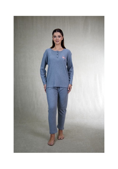 Estiva Kadın Nakış İşlemeli Patlı İnterlok Şardonlu Pijama Takımı Gri