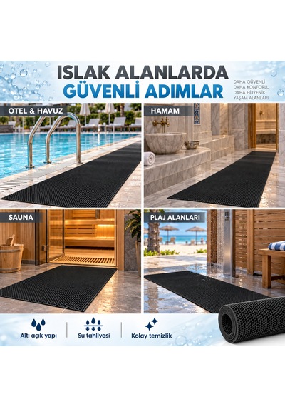 Hortumtech Bal Petek Paspas Kaydırmaz Pvc Islak Zemin Duş Havuz Su Tahliyesi 4 Mm - Siyah 120 X 550 Cm