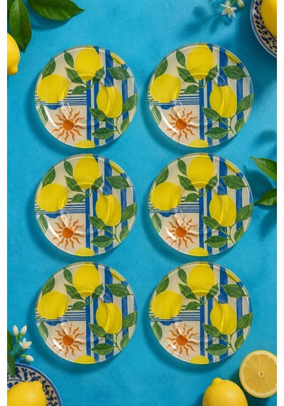 6 Lı Cam Çay Tabağı Limon Desenli, Mavi Çizgili 12 Cm 6 Adet Çay Tabak Sarı