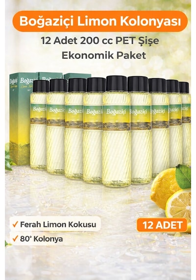 Boğaziçi Limon Kolonyası 200 Cc Pet Şişe 12 Adet 80 Limon Kokulu Kolonya Ekonomik Çoklu Paket