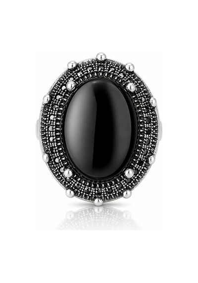 Nur Silver Oval Siyah Oniks Erkek Yüzük 925 Ayar Gümüş Yüzük - Nur-yz83520