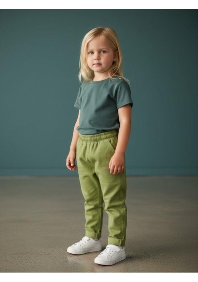 Zekids Kız Bebek Yumuşak Dokulu Beli Lastikli Duble Paça Yeşil Pantolon-16581 Yeşil