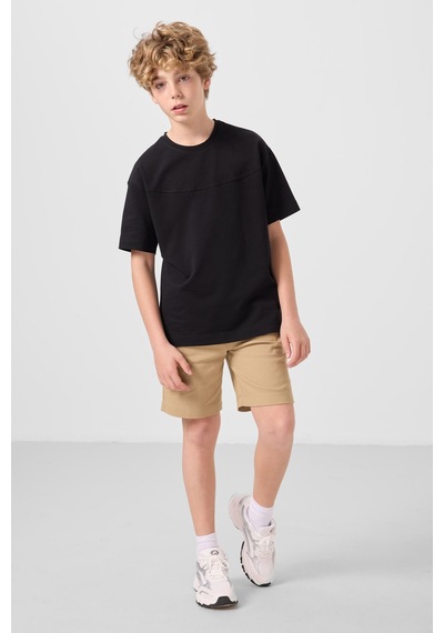 Siyah-koyu Bej Pamuklu Oversize Fit Dokuma Hafif Esnek Chino Erkek Çocuk Şort Takım - 11279 Siyah