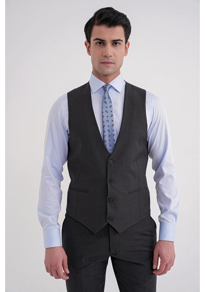 Efor Slim Fit Çift Yırtmaç Çizgili Esnek Yünlü Antrasit Yelekli Klasik Takım Elbise Tk 935 Antrasit