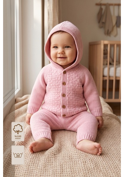 Minory Baby Kapüşonlu Düğmeli 2 Li Triko Bebek Takımı Pembe Pembe