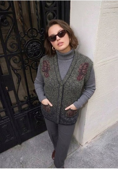 Onno Style Women Karyağdı Gül Desenli Çelik Örgü Triko Kadın Yelek Siyah