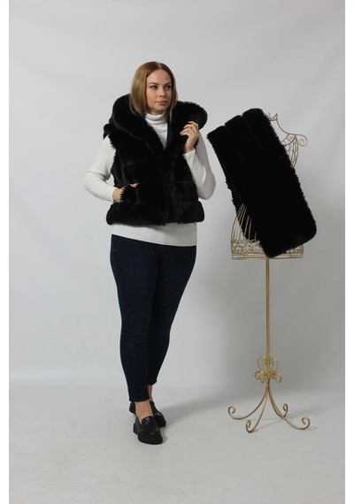 Moda Berray Etekten Kısalabilen Kapüşonlu Lüks Suni Kürk Yelek Siyah