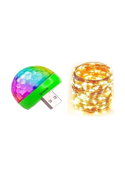 2'li Set Mini Disko Topu Hoparlör Mp3 + 3 Metre Peri Led Işık Yeşil