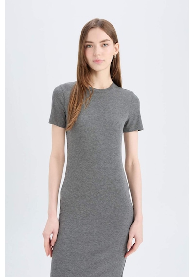 DeFacto Bodycon Vücudu Saran Bisiklet Yaka Basic Düz Fitilli Kaşkorse Kısa Kollu Midi Elbise E6926AX25SPAR15