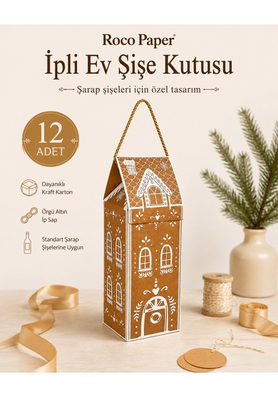 Yılbaşı Ev Tasarımlı Kraft Şişe Kutusu, Dekoratif Yeniyıl Temalı Parti Hediye Çantası, 2li Paket