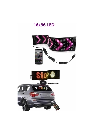 Cama Yapışan En Büyük Boy 16x96 Telefon Kontrollü Led Ekran Digital Araba Yazısı Çok Renkli