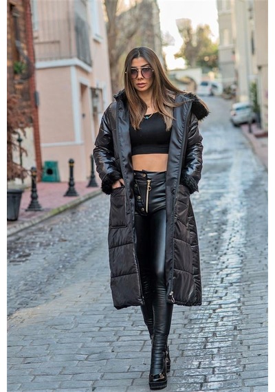 Veraura Lifestyle Siyah Kapüşonu Kürklü Kolları Kürklü Büyük Beden Uzun Şişme Kaban
