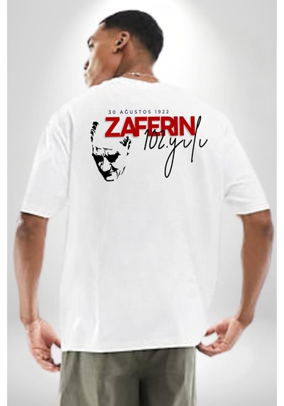 30 Ağustos Zafer Bayramı Atatürk İmzası Beyaz Oversize Unisex Ön Ve Sırt Baskılı Tişört Beyaz