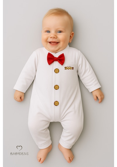 Babyden's Mini Boss Papyonlu Erkek Bebek Tulum Düğmeli Tasarım, Uzun Kollu Yenidoğan Tulumu Kırmızı