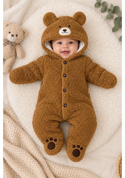 Beniizle 0-6 Ay Unisex Ayıcık Kapüşonlu Welsoft Bebek Tulum Kahverengi