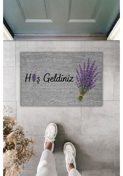 Rugmood Lavanta Desenli Hoş Geldiniz Kapı Önü Paspası Modern Dijital Baskılı Paspas 70x45cm Gri