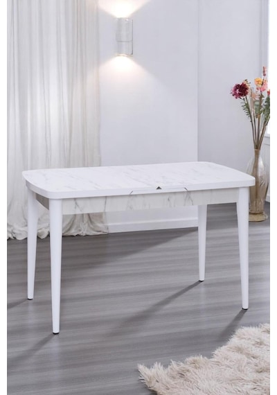 Nehir Mdf Lak Panel Mutfak Masası 75x130cm Beyaz Mermer Nehir Mdf Lak Panel Mutfak Masası 75x130cm Beyaz Mermer