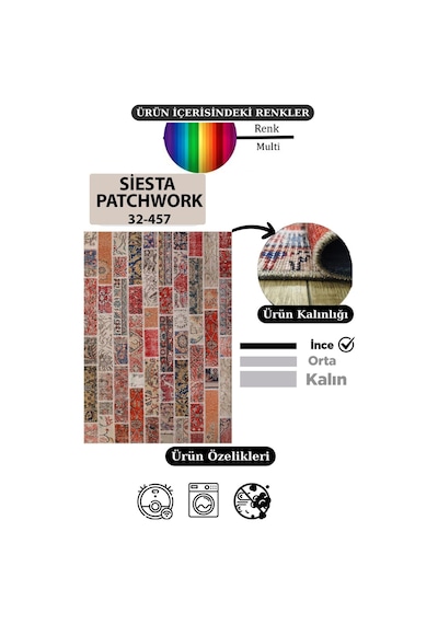Çam Halı Siesta Patchwork 32-457 Etnik Eskitme Desenli Dokuma Tabanlı Yıkanabilir Şönil Salon Ve Oda Halısı Multi 24