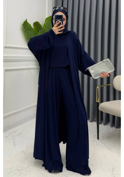 Balenbi Kadın Penye Uzun Hırka Bluz Geniş Paça Pantolon Abaya Takım 1217 Lacivert