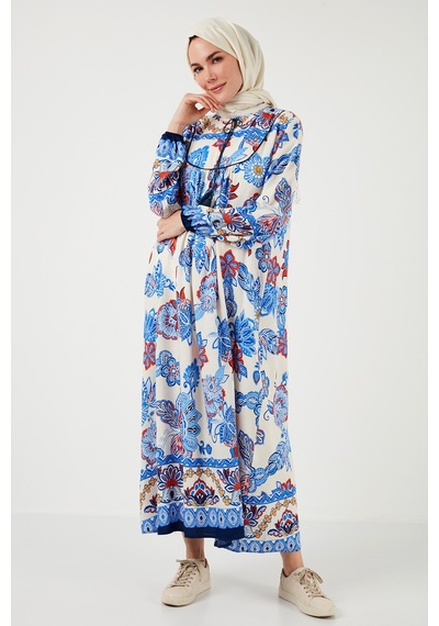 Lela Modest Desenli Regular Fit Bağlamalı V Yaka Maxi Bayan Elbise 611El510 Lacivert