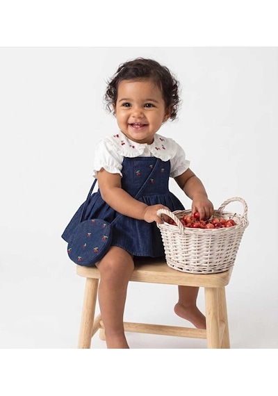 Ministok Cherry Nakış İşlemeli Gömlekli Çanta Aksesuarlı Kız Bebek Romper Lacivert