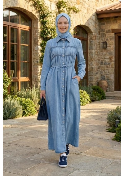 Hb Harma Time Butik Kadın Beli Bağcıklı Boydan Düğmeli Açık Mavi Kot Tesettür Elbise
