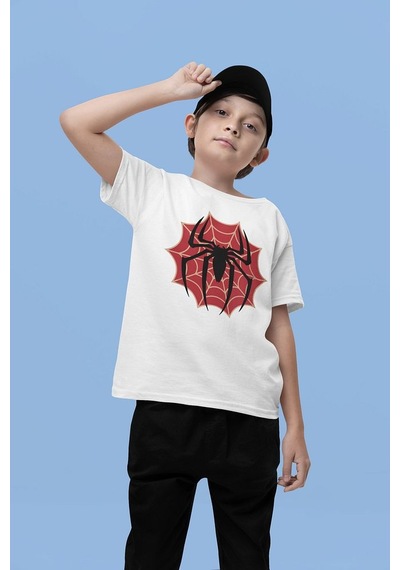 Sevbano Örümcek Adam Logo Baskılı Unisex Film Kahramanı Çocuk Tişört 1-1 Beyaz