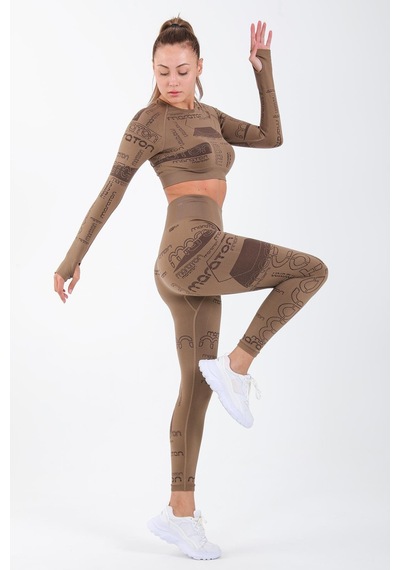 Maraton Active Slimfit Kadın Bisiklet Yaka Uzun Kol Koşu Kakao Crop Top 816025 Kahverengi