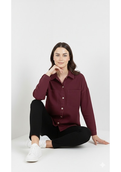 Kadın Kot Rahat Kesim Cepli Düz Denim Gömlek Bordo