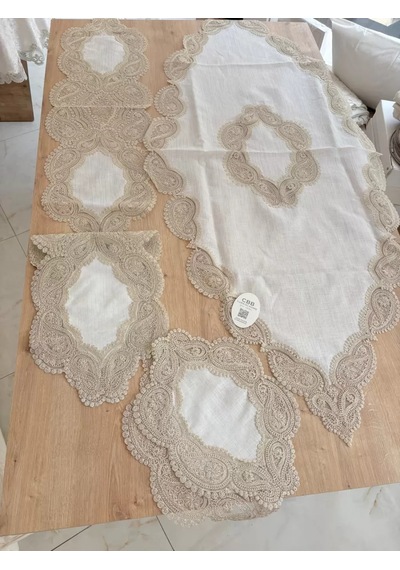 Salon Takımı Bellisima Çeyizlik Kreme Kapi Runner Set 5 Parça Keten Ranır Masa Sehpa Konsol Örtüsü Diğer