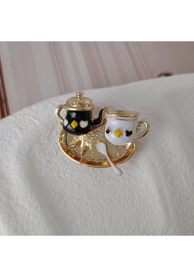 Lente Aksesuar Gold Detaylı Mini Çay Seti Broş-sevimli Çay Saati Yaka İğnesi Çok Renkli