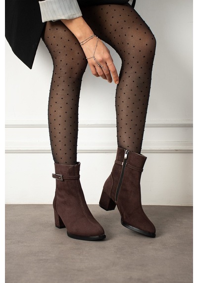 Dabab Shoes Lunara Kadın Kahve Süet Tokalı Topuklu Kısa Konç Bot Bootie Kahverengi