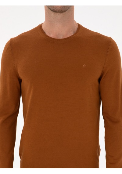 Cacharel Karamel Slim Fit Yün Karışımlı Bisiklet Yaka Basic Triko Kazak Kahverengi