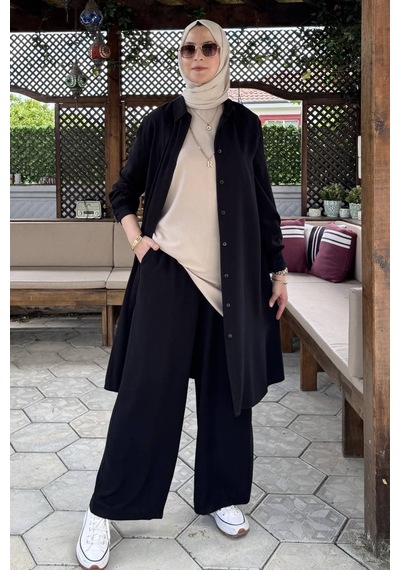 Rabia Şamlı İnci Pantolonlu Takım Siyah Normal