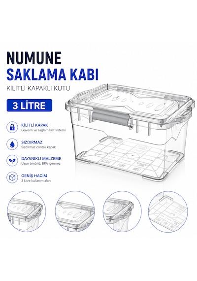Numune Saklama Kabı Plastik 3 L - Kilit Kapaklı Kutu