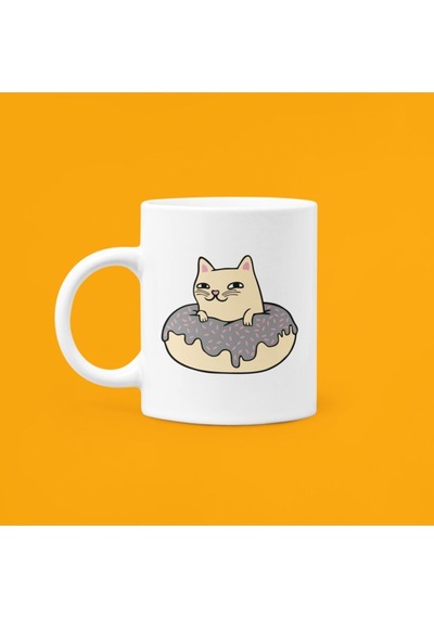 Donut Cat Baskılı Porselen Kupa 330ml Beyaz