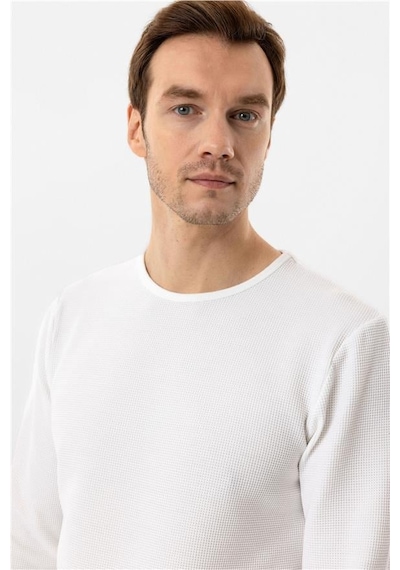 Süvari Beyaz Slim Armürlü Bisiklet Yaka Sweatshirt Beyaz