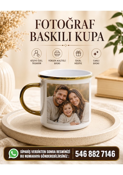 Kişiye Özel Fotoğraf Baskılı Altın Yaldızlı Seramik Kupa Beyaz