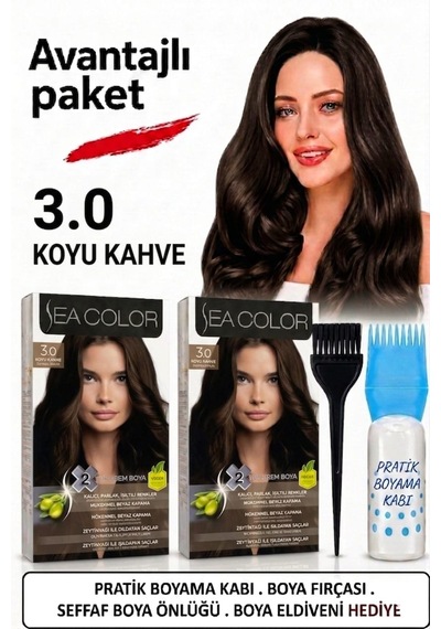 Sea Color Set Saç Boyası 3.0 Koyu Kahve 2 Li 2 Kutu+pratik Boya Kabı